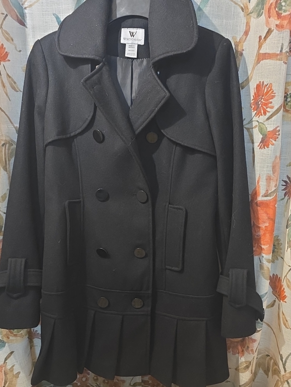 Women's Size Medium Worthington Black Double-Breasted Pea Coat with Pleated Hem